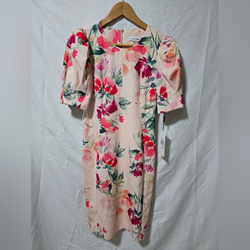 Calvin Klein Pink Floral Square-Neck Sheath Dress 011